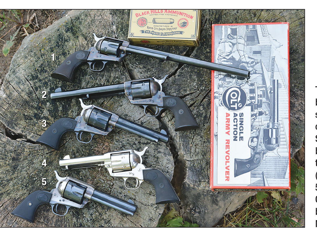 The 2nd generation production began in 1955 and was offered in standard barrel lengths and four calibers: (1) 1958-era Buntline Special 45 Colt with a 12-inch barrel, (2) 1959-era 45 Colt with the popular 7½-inch barrel, (3) 1964-era 44 Special with a  5½-inch barrel, (4) 1961-era 45 Colt nickel-plated with a 4¾-inch barrel and (5) 1970-era 357 Magnum with 4¾-inch barrel.